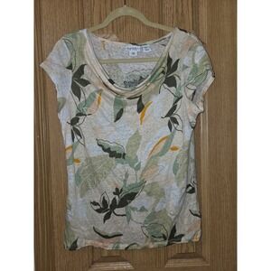 100% Linen Cowl Neck Sz M Short Cap Sleeve Top Tropical Beach Boho Nicole Miller